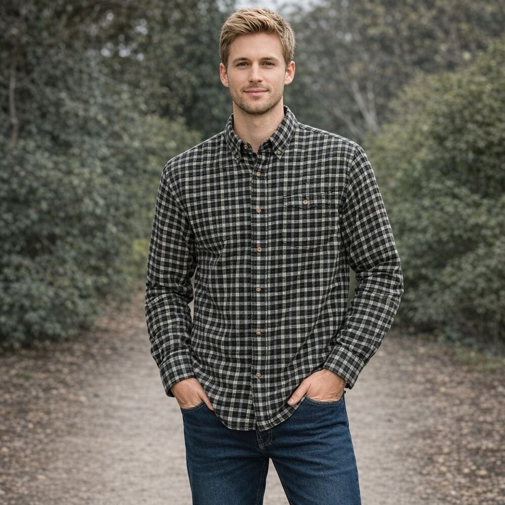 Chaps Button Down Shirt Plaid Mens L Black & White Long Sleeve Casual Workwear